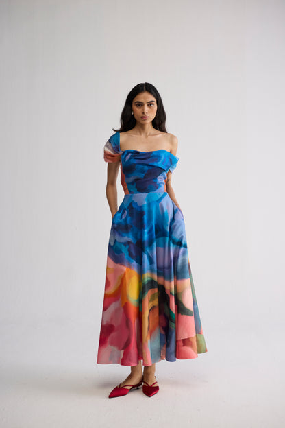 RAINBOW GARDEN DRAPED OFF SHOULDER DRESS