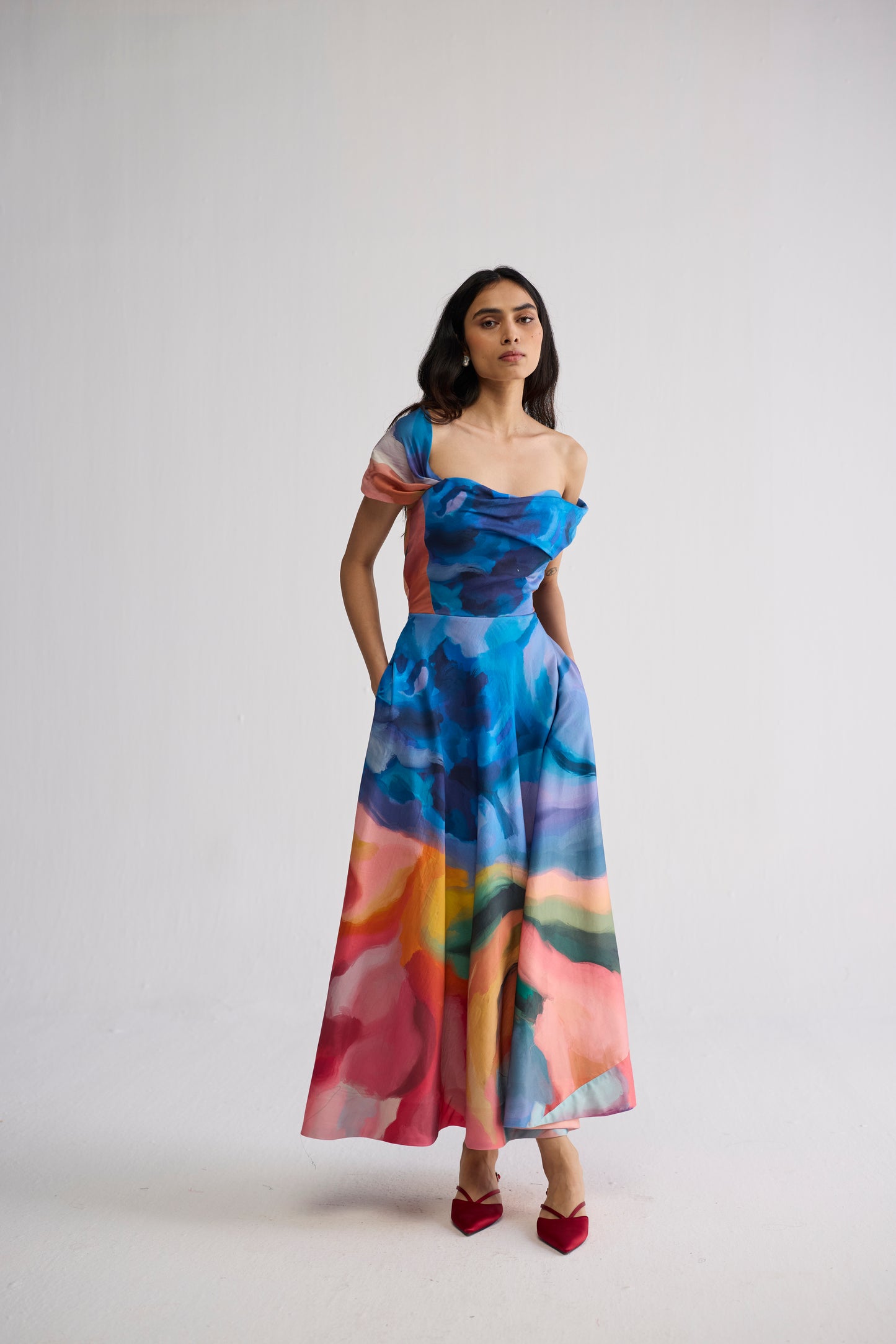 RAINBOW GARDEN DRAPED OFF SHOULDER DRESS