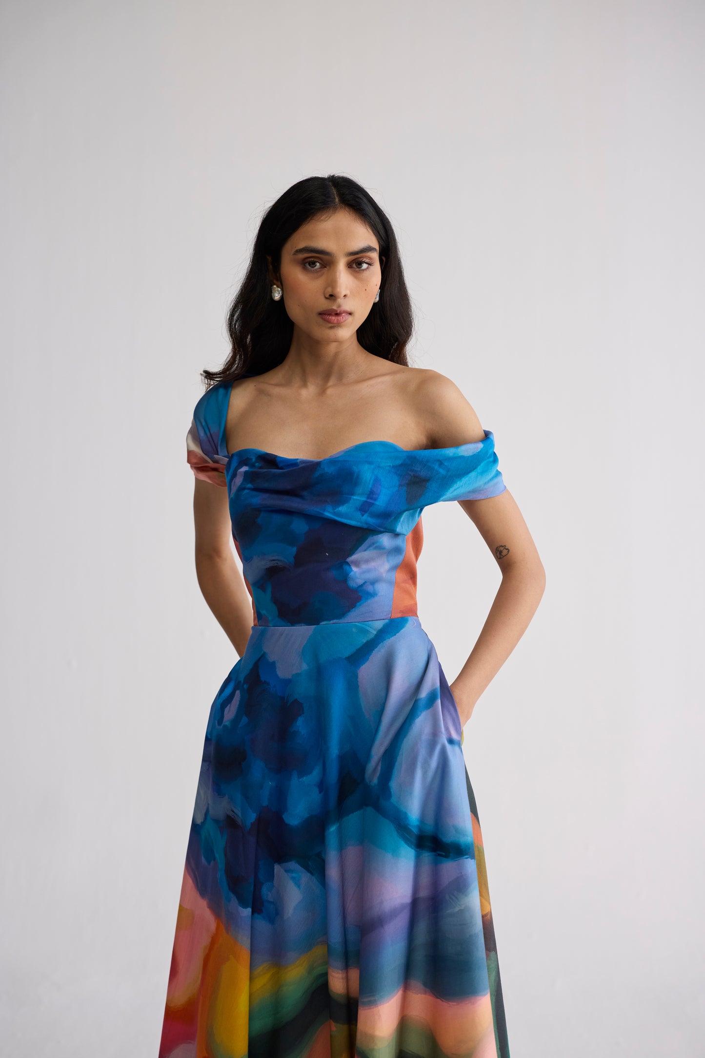 RAINBOW GARDEN DRAPED OFF SHOULDER DRESS
