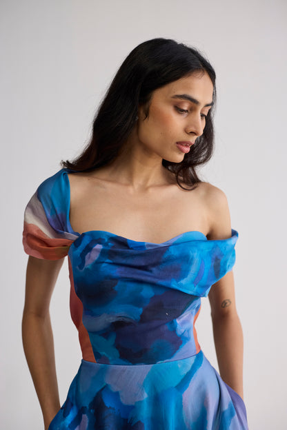 RAINBOW GARDEN DRAPED OFF SHOULDER DRESS