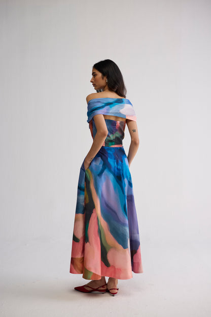 RAINBOW GARDEN DRAPED OFF SHOULDER DRESS