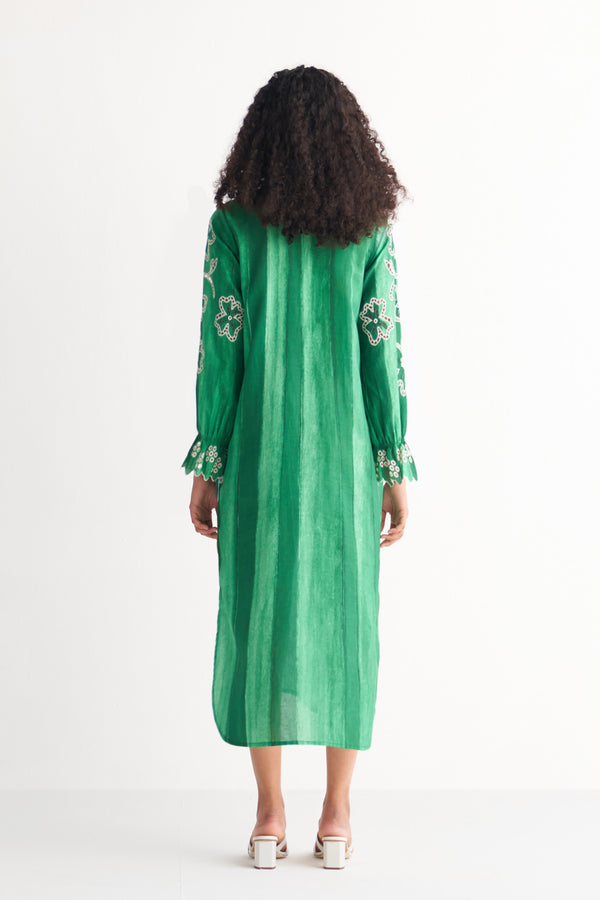 Green Melange Cutwork & Cross-stitch Shirt Dress