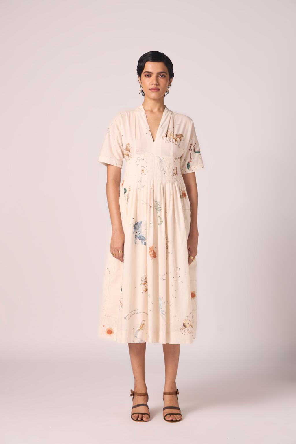 Aara Zodiac Print Pleated Dress