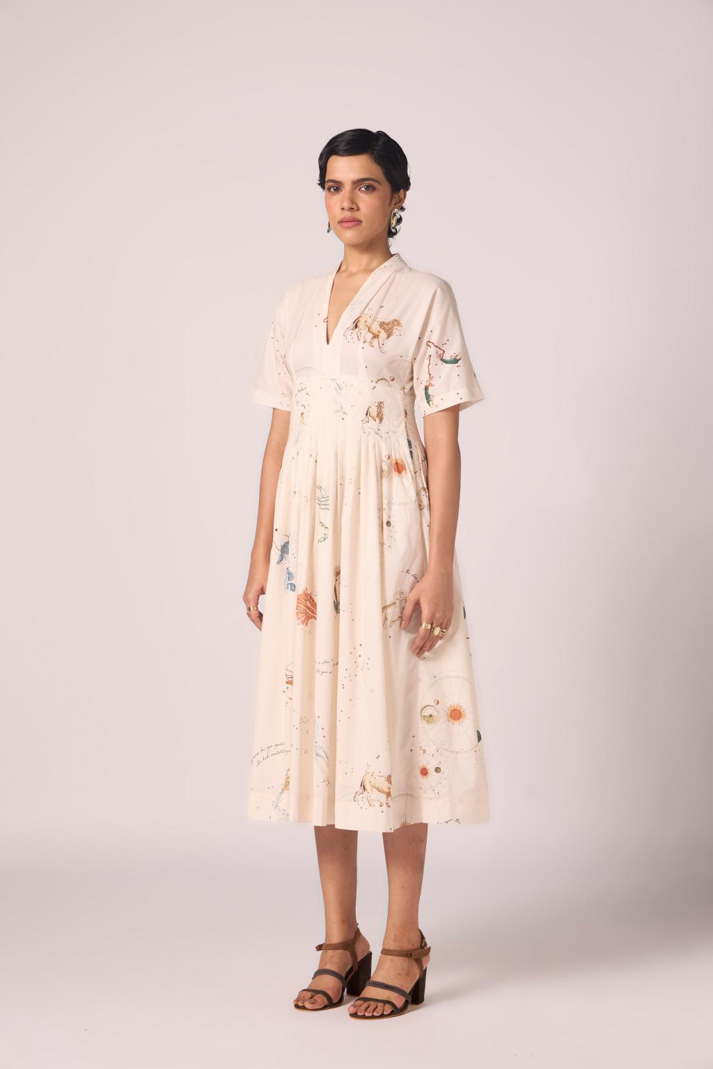 Aara Zodiac Print Pleated Dress