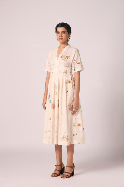 Aara Zodiac Print Pleated Dress