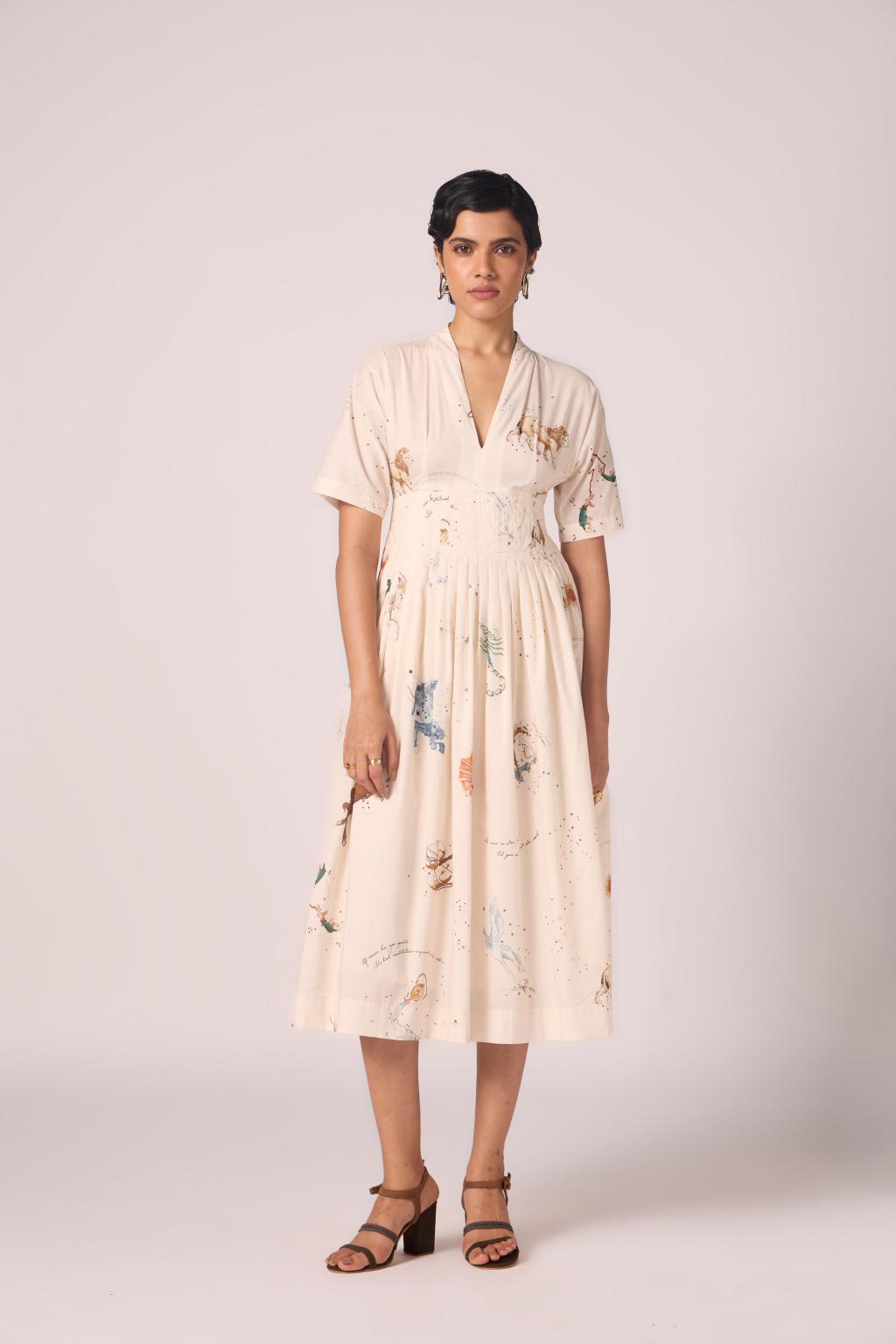 Aara Zodiac Print Pleated Dress
