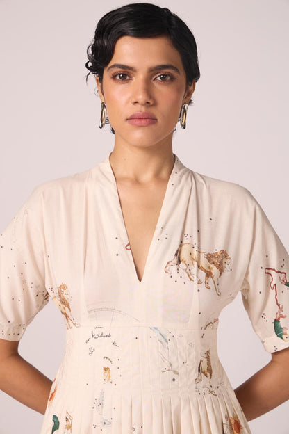 Aara Zodiac Print Pleated Dress