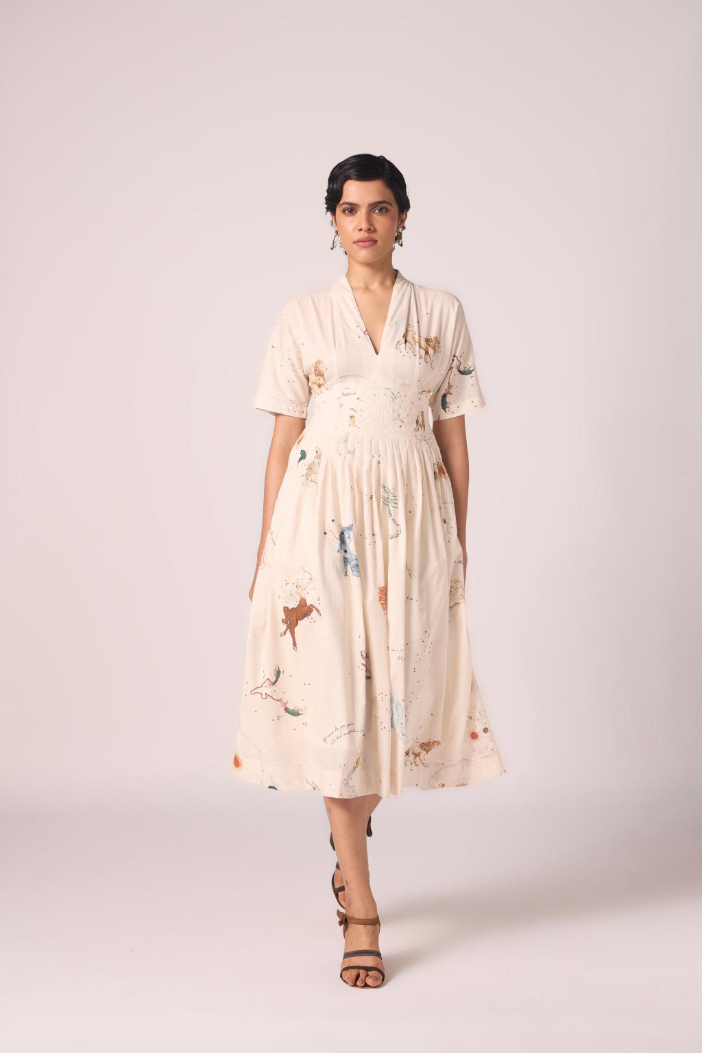 Aara Zodiac Print Pleated Dress