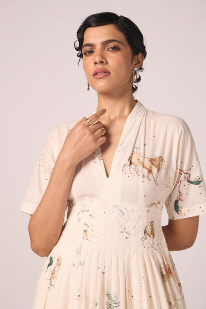 Aara Zodiac Print Pleated Dress