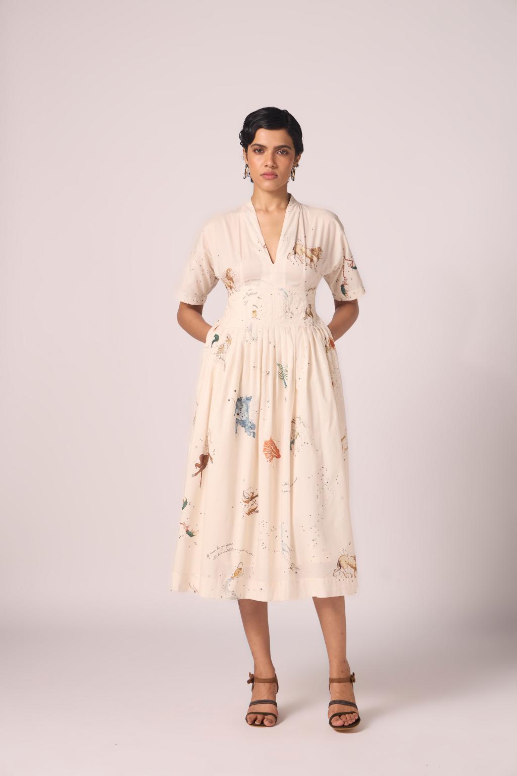 Aara Zodiac Print Pleated Dress