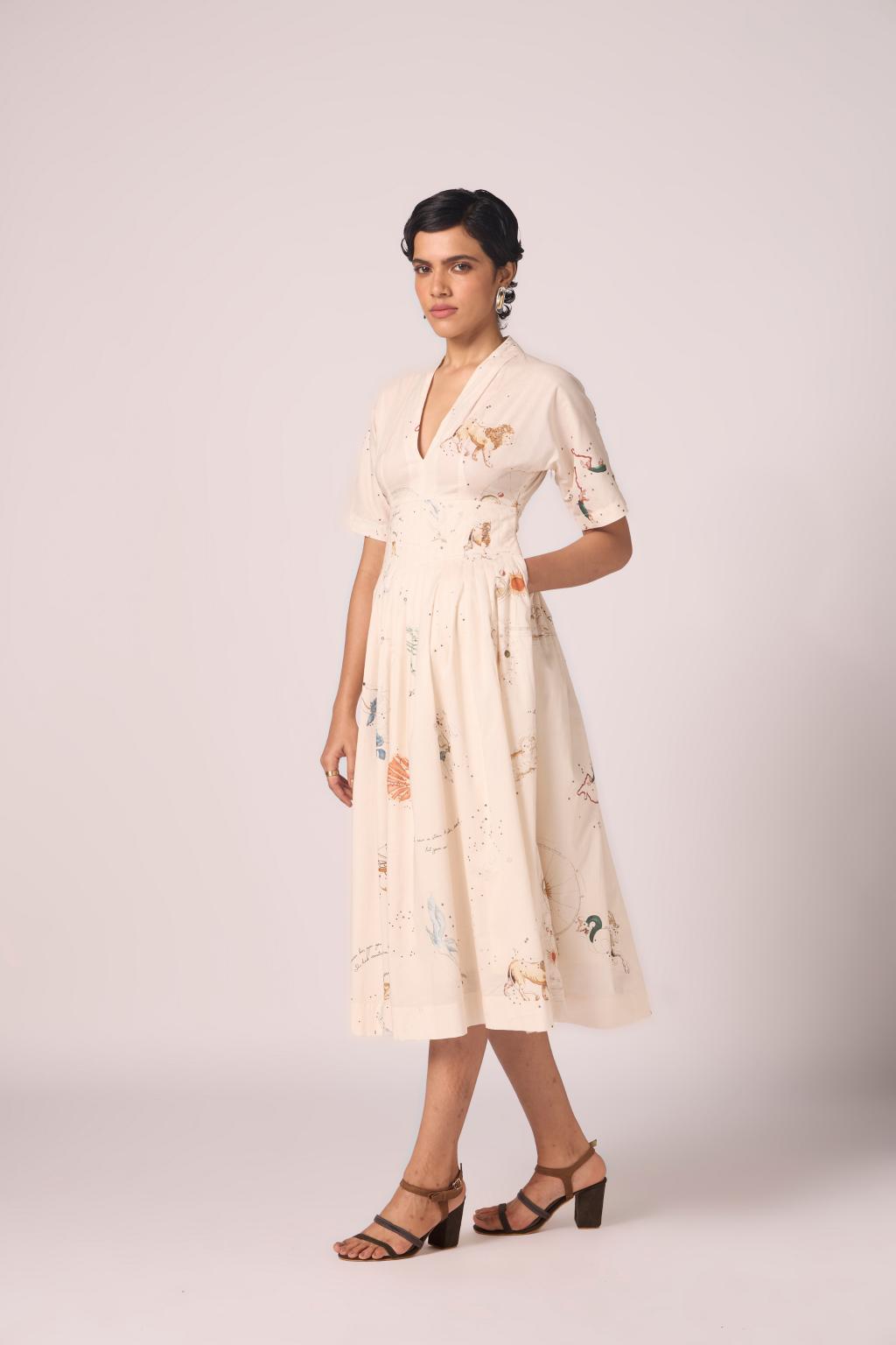 Aara Zodiac Print Pleated Dress