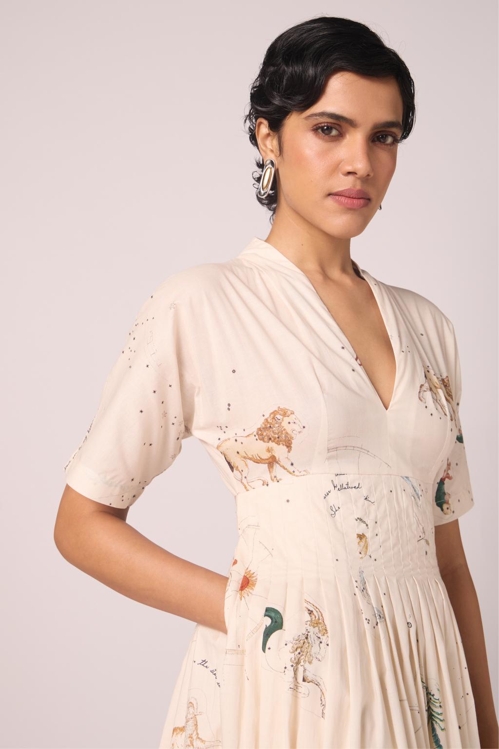 Aara Zodiac Print Pleated Dress