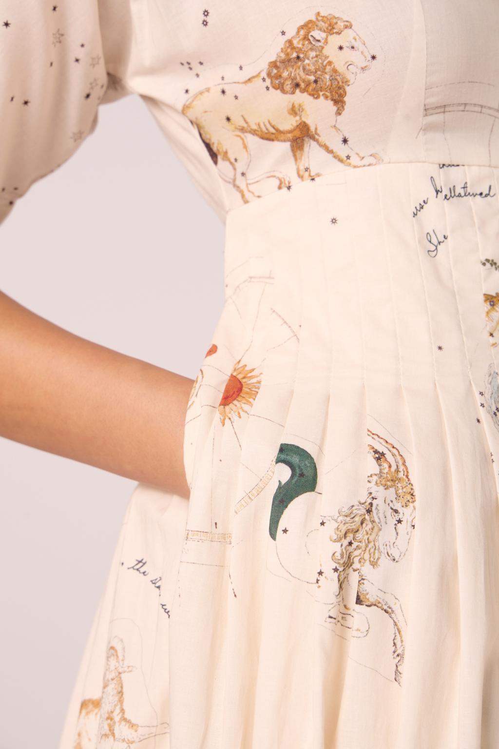 Aara Zodiac Print Pleated Dress