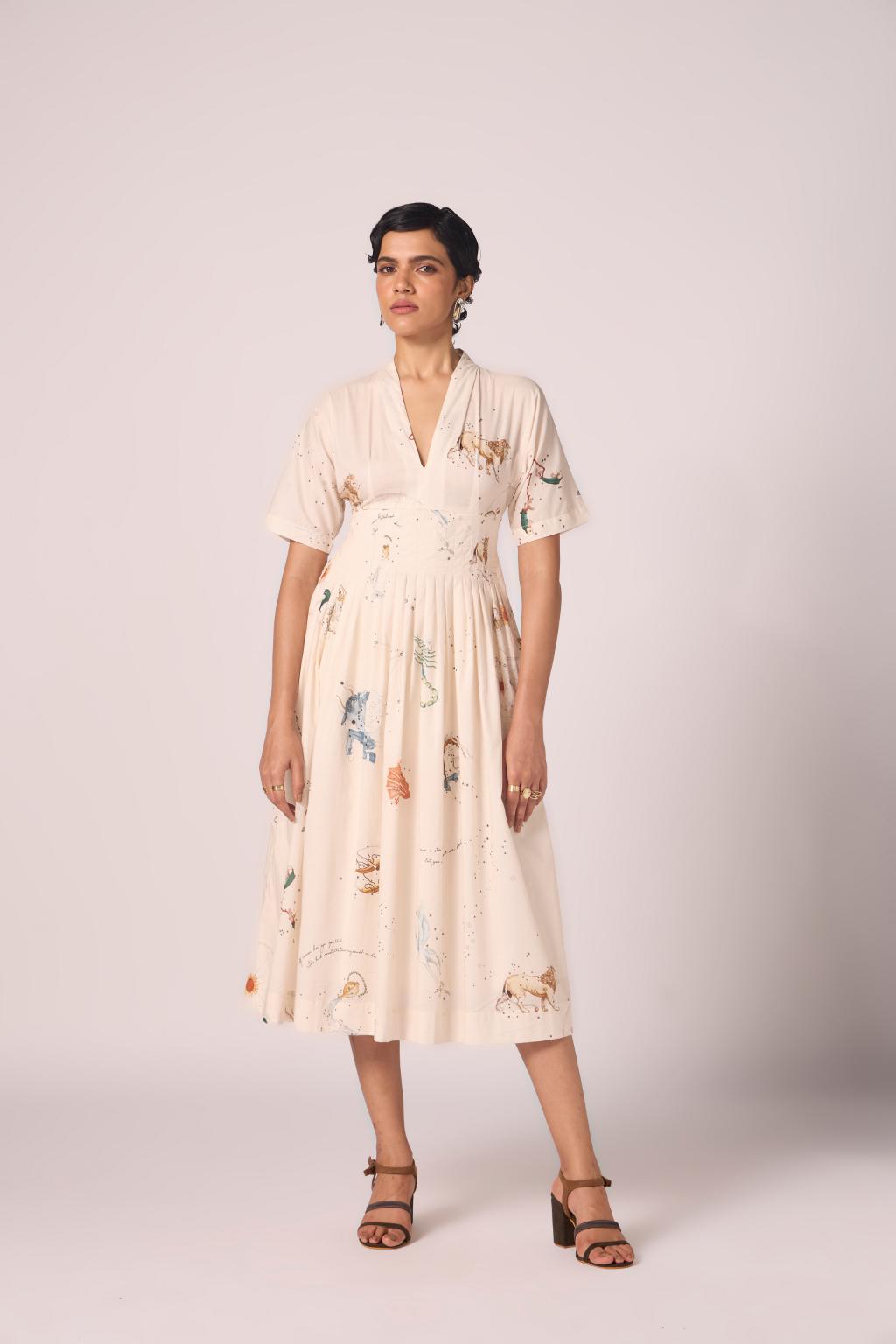 Aara Zodiac Print Pleated Dress