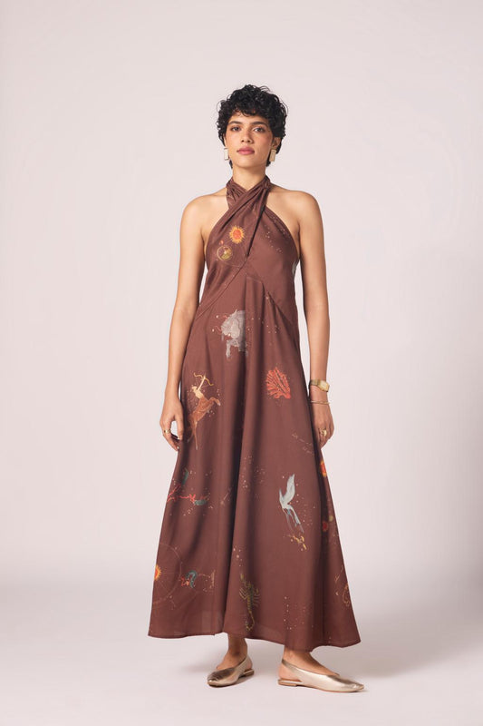 Vannam Brown Zodiac Print Halter Dress