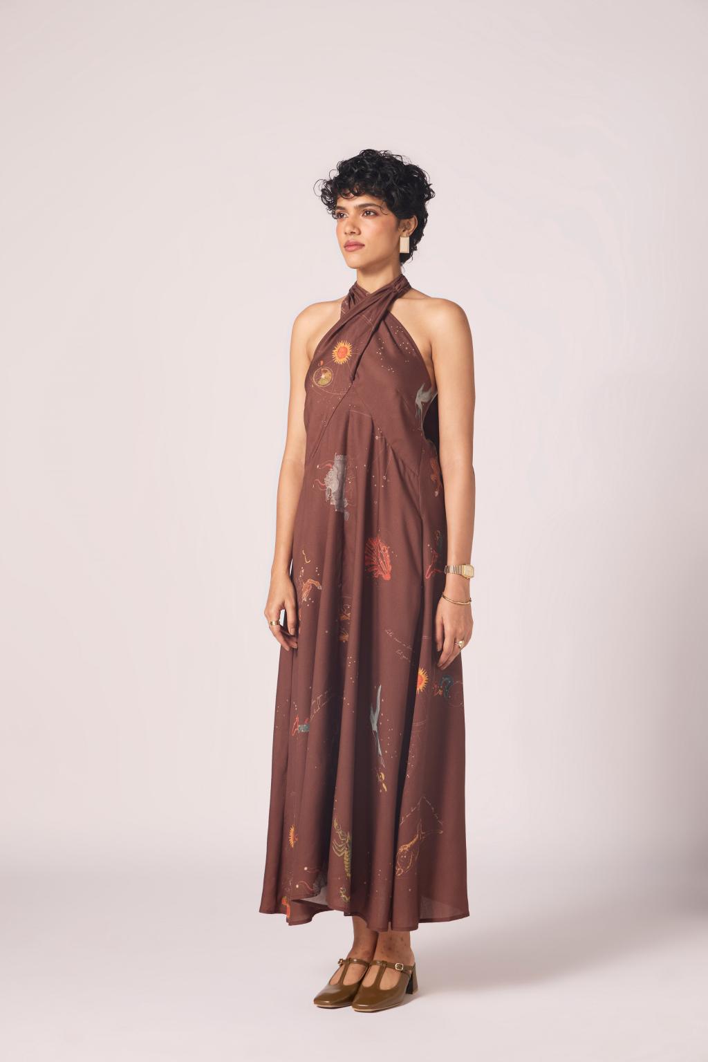 Vannam Brown Zodiac Print Halter Dress