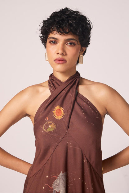 Vannam Brown Zodiac Print Halter Dress