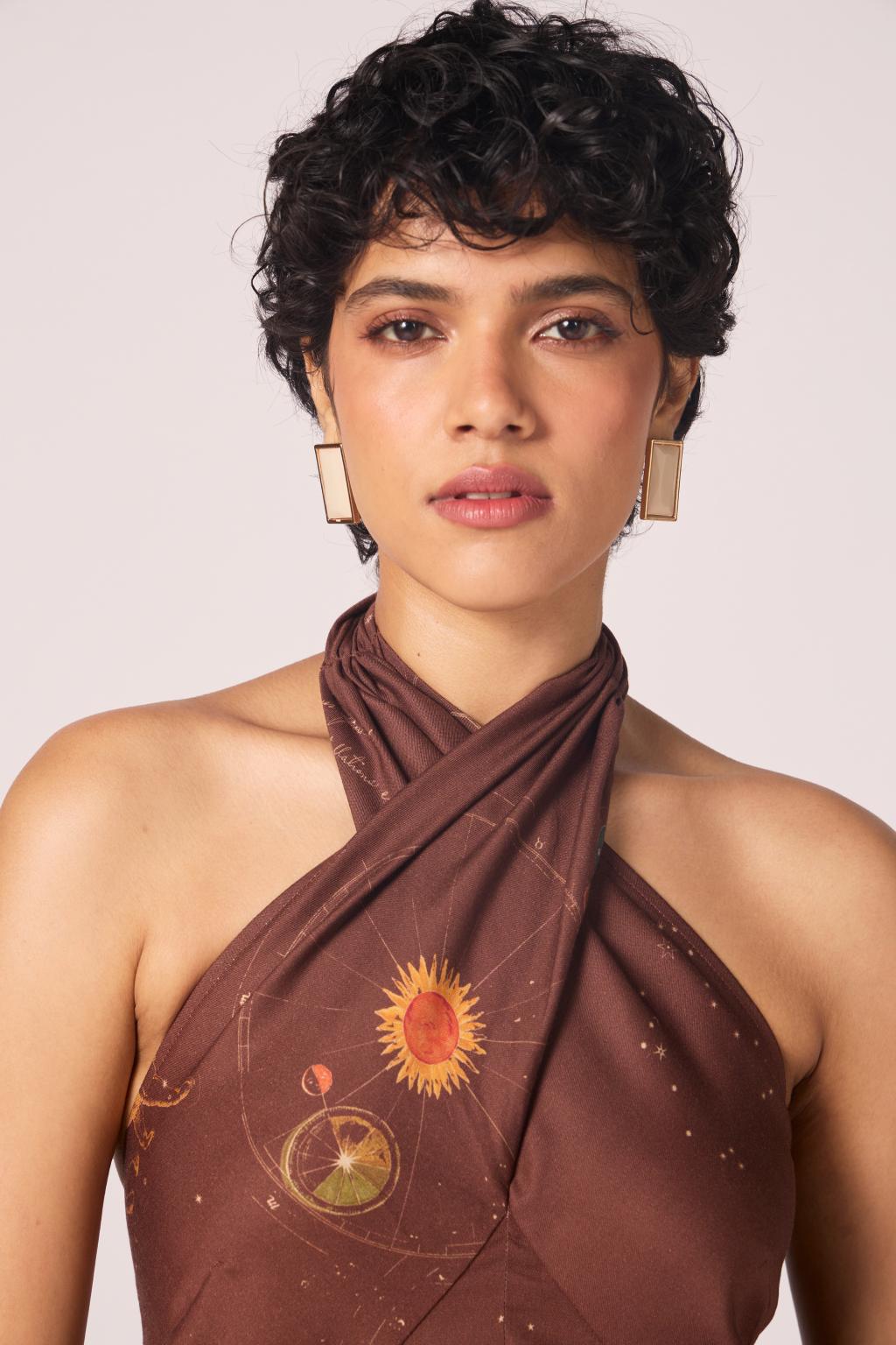 Vannam Brown Zodiac Print Halter Dress
