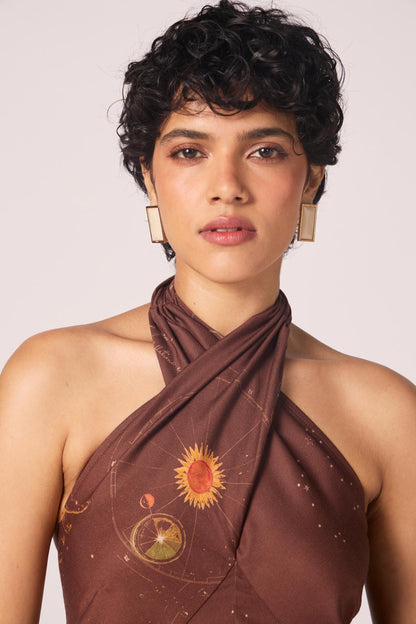 Vannam Brown Zodiac Print Halter Dress