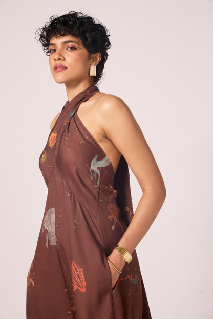 Vannam Brown Zodiac Print Halter Dress