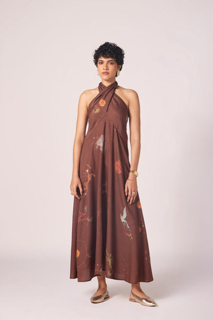 Vannam Brown Zodiac Print Halter Dress