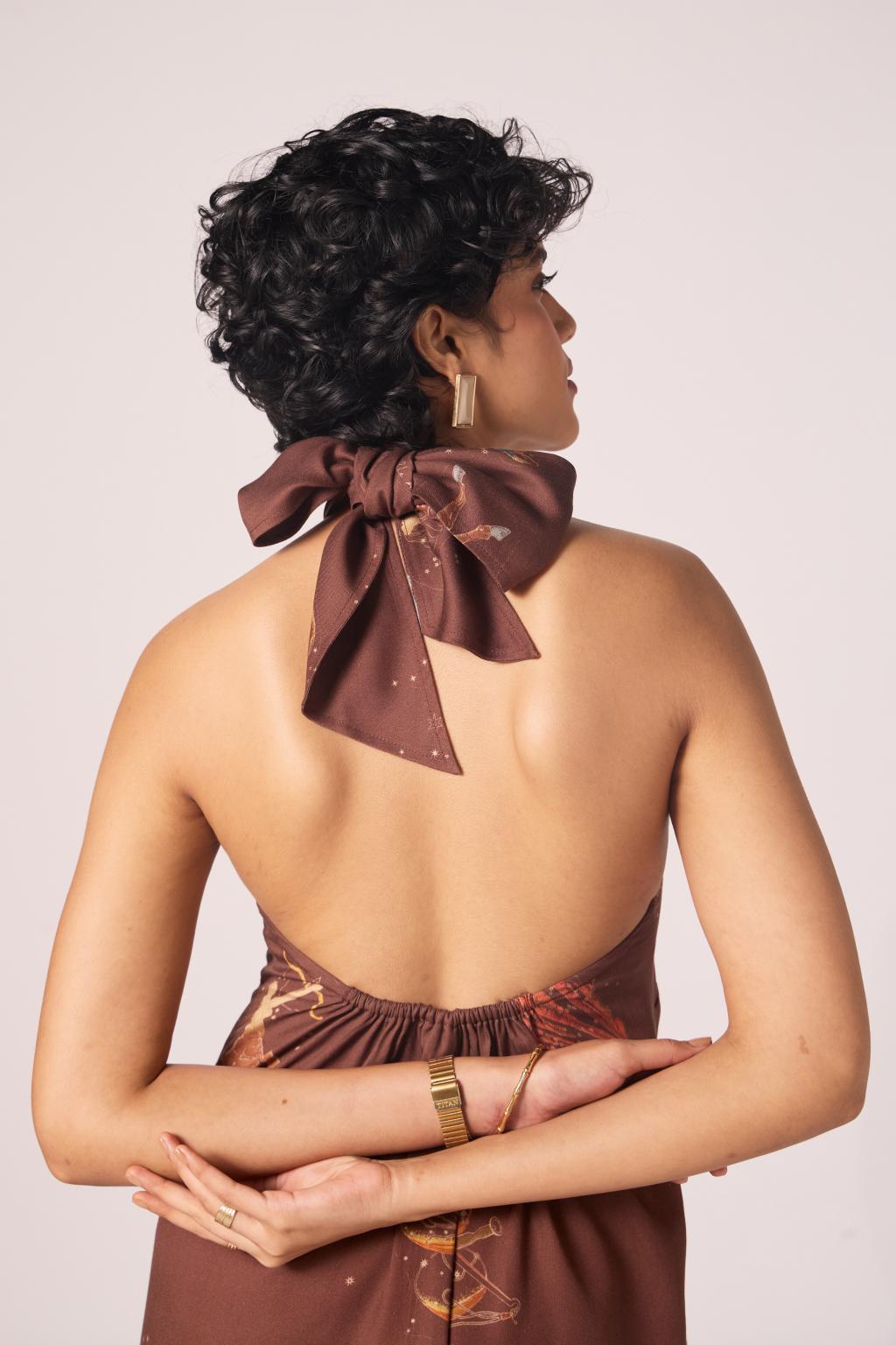 Vannam Brown Zodiac Print Halter Dress