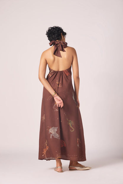 Vannam Brown Zodiac Print Halter Dress