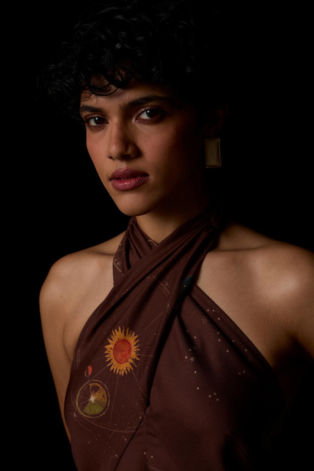 Vannam Brown Zodiac Print Halter Dress