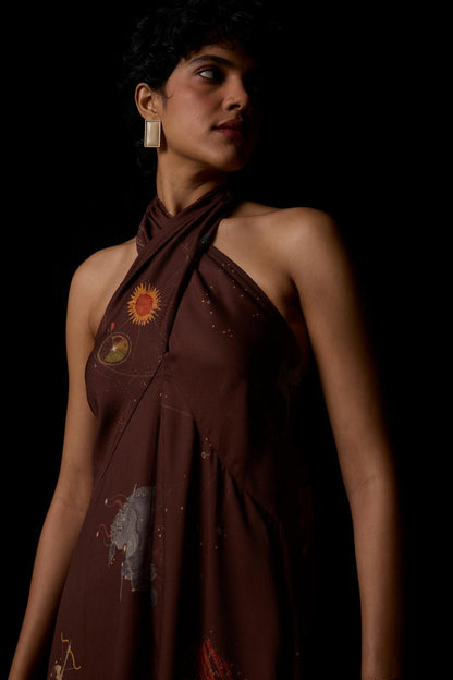 Vannam Brown Zodiac Print Halter Dress