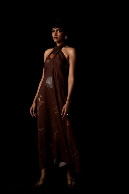 Vannam Brown Zodiac Print Halter Dress