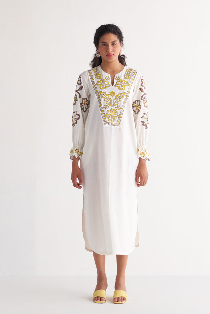 Ivory Melange Cutwork & Cross-stitch Dress
