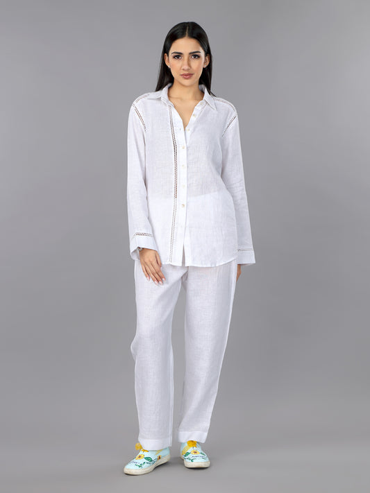 Frost White Linen Shirt & Pant Loungewear Set