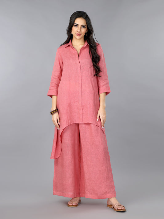 Salmon Linen High-low Kurta & Palazzo Set
