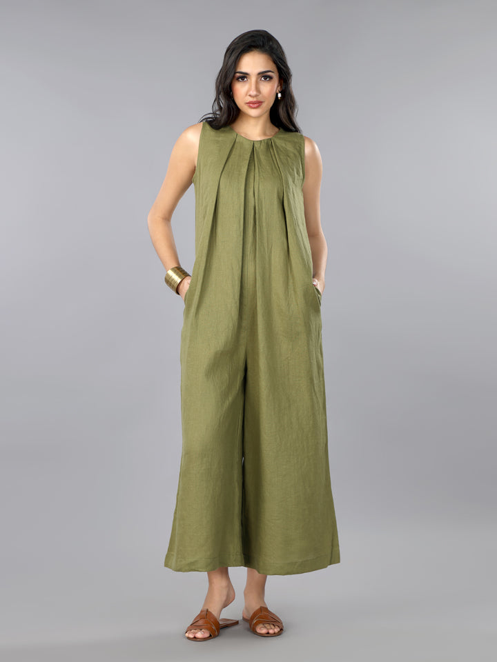 Olive Linen Pleated Jumpsuit