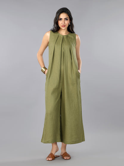 Olive Linen Pleated Jumpsuit