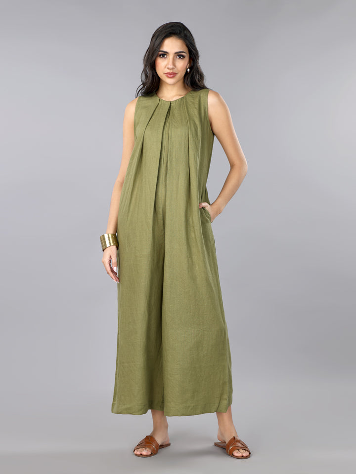 Olive Linen Pleated Jumpsuit
