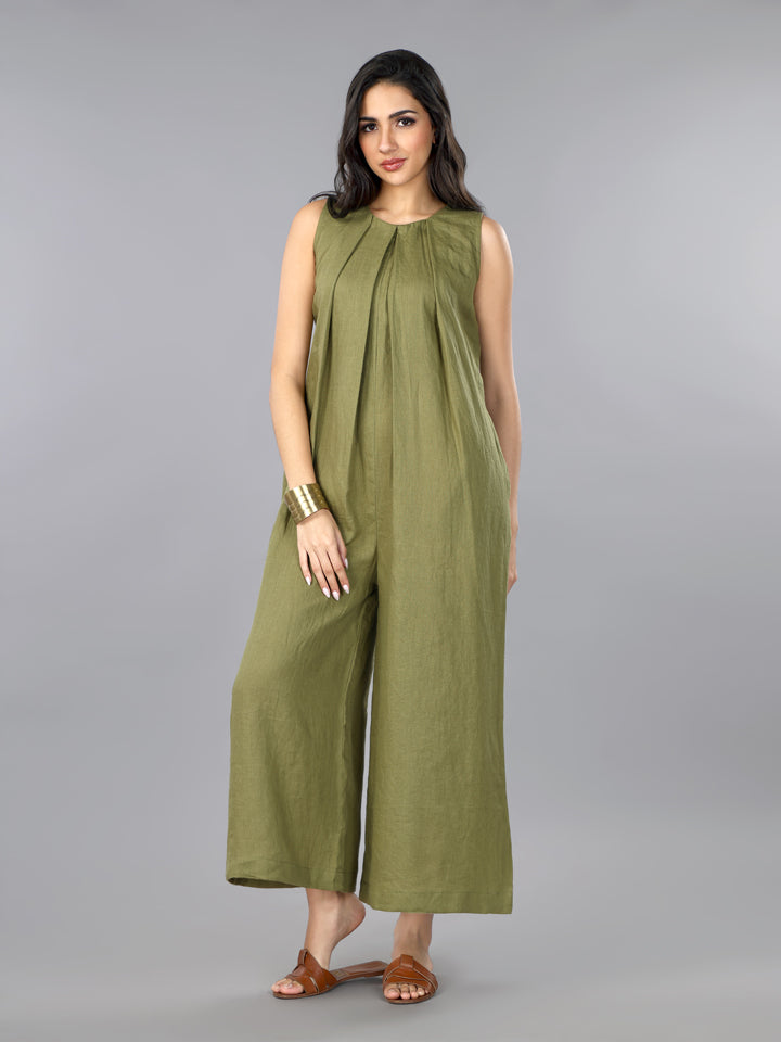 Olive Linen Pleated Jumpsuit