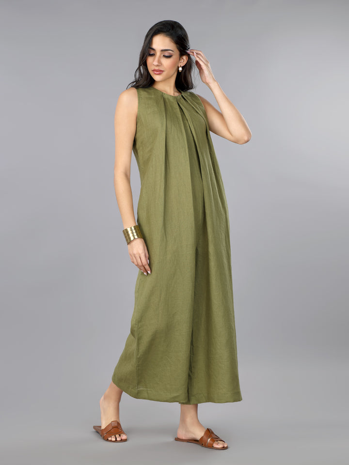 Olive Linen Pleated Jumpsuit