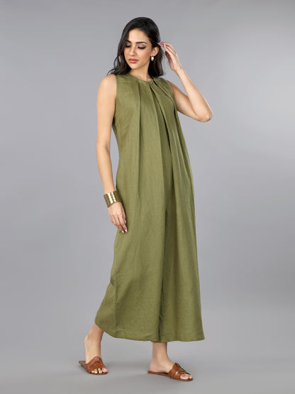Olive Linen Pleated Jumpsuit