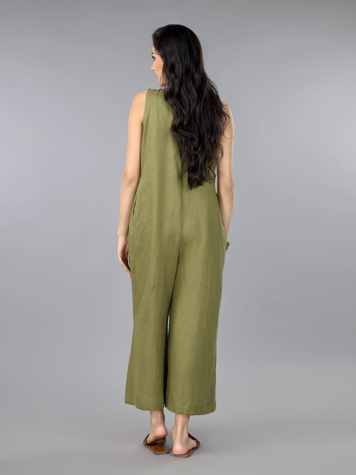 Olive Linen Pleated Jumpsuit