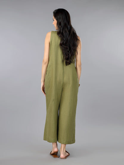 Olive Linen Pleated Jumpsuit