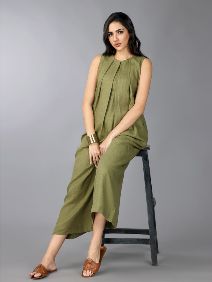 Olive Linen Pleated Jumpsuit
