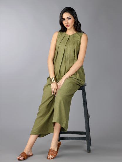 Olive Linen Pleated Jumpsuit