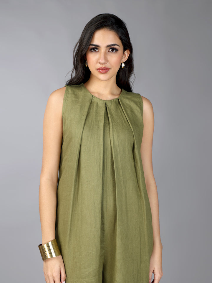 Olive Linen Pleated Jumpsuit