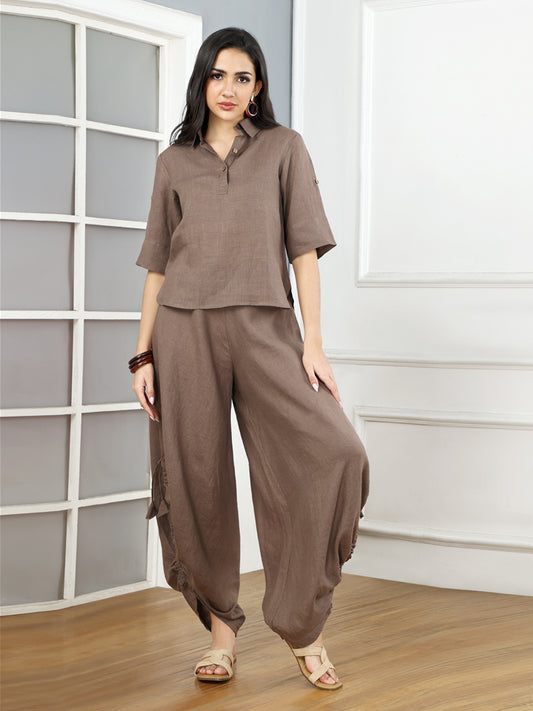Mocha Mousse Linen Top & Cowl Pants