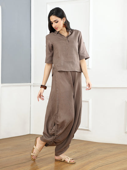 Mocha Mousse Linen Top & Cowl Pants
