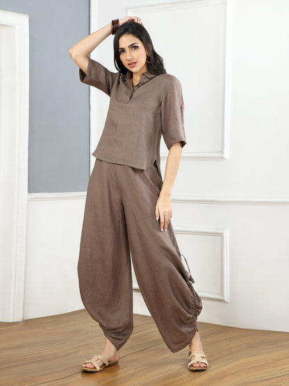Mocha Mousse Linen Top & Cowl Pants