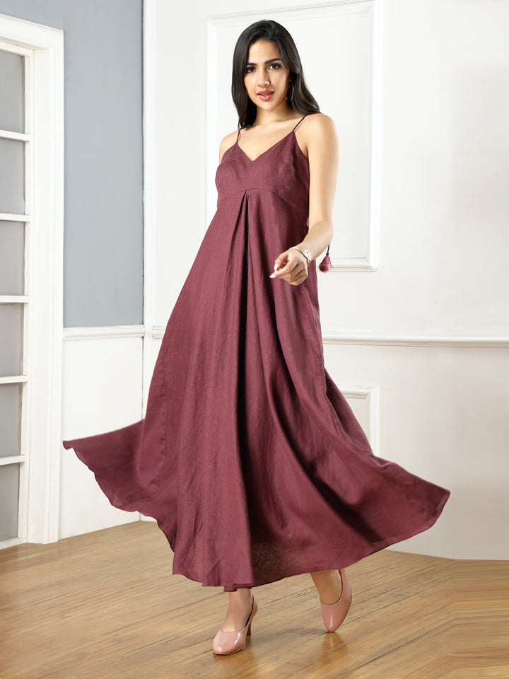Plum Linen Flared Maxi Dress