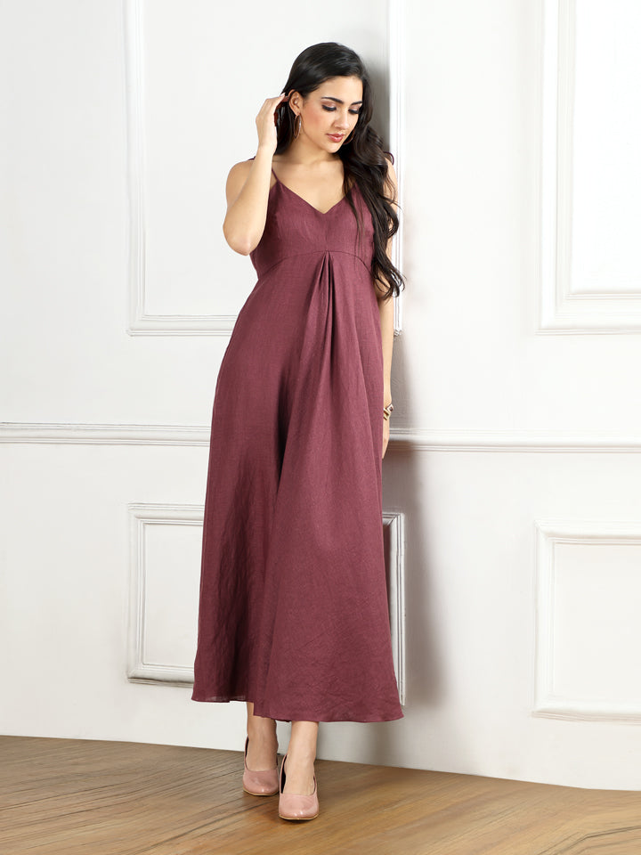 Plum Linen Flared Maxi Dress