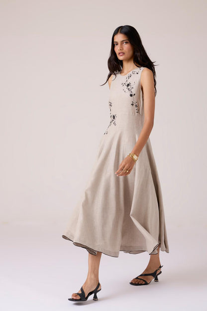 Helios Beige Embroidered Dress